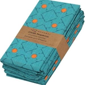 Ruvanti Cloth Napkin Set - Teal/Orange Geometric Pattern 18x18 NEW (Set of 6)